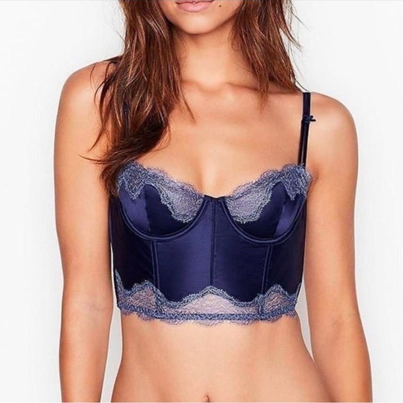 Victorias Secret Dream Angels Unlined Navy Satin Lace Corset 34D Lingerie Top - Picture 1 of 7